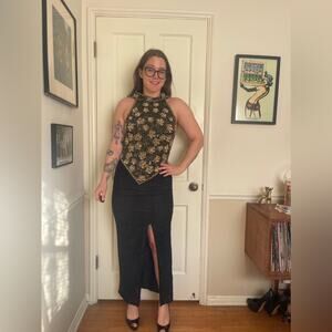 80s Vintage Laurence Kazar Black and Gold Beaded Gown